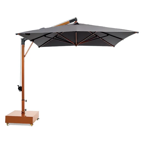 Cantilever parasol with beige square canopy and wooden look frame