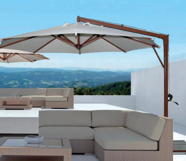 Cantilever parasol shading an outdoor lounge set