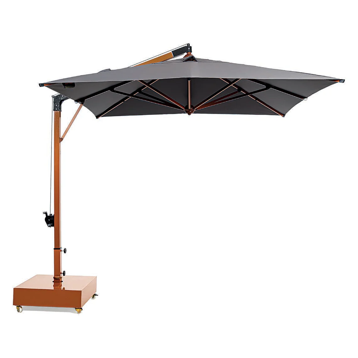 Cantilever parasol with beige square canopy and wooden look frame
