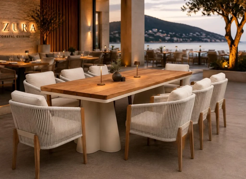 Outdoor dining set on a restaurant terrace