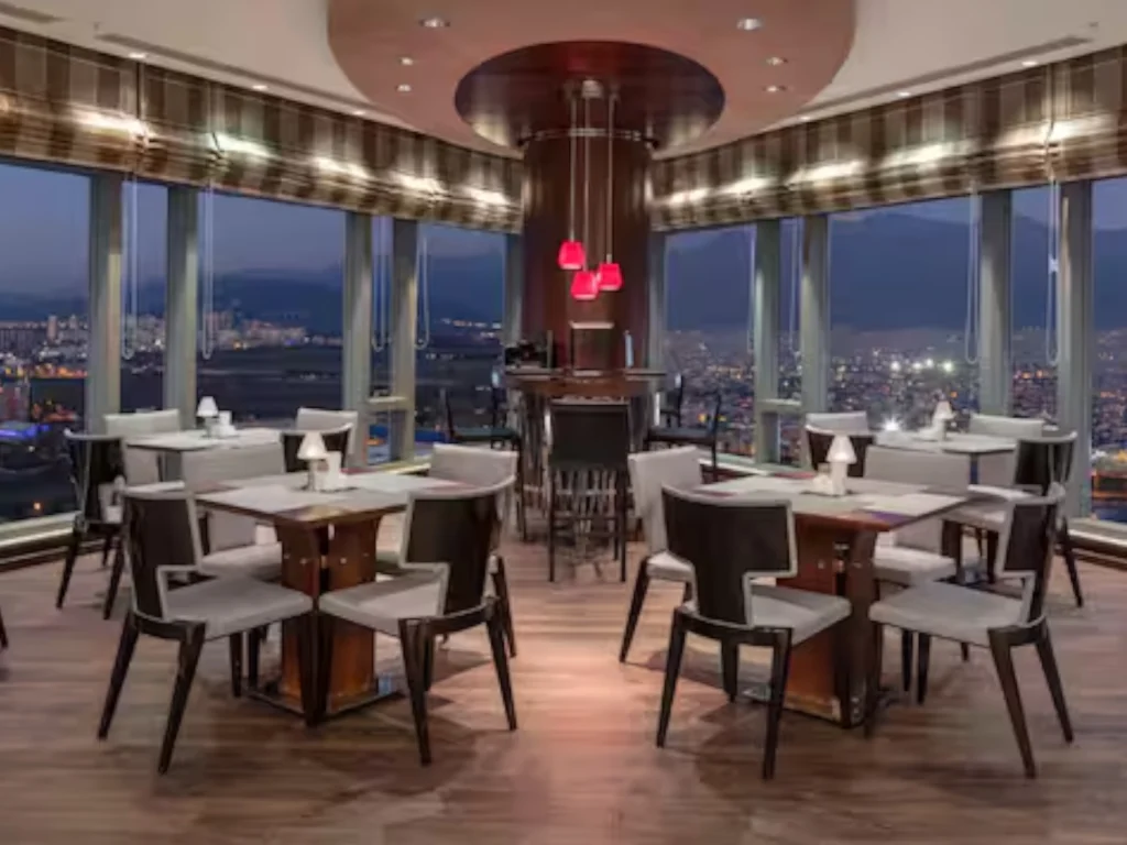 Restaurant tables in a panoramic restaurant