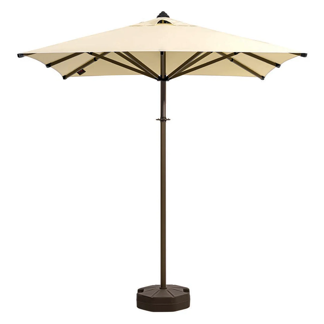 Square aluminium hotel parasol with cream acrylic canopy and cast base