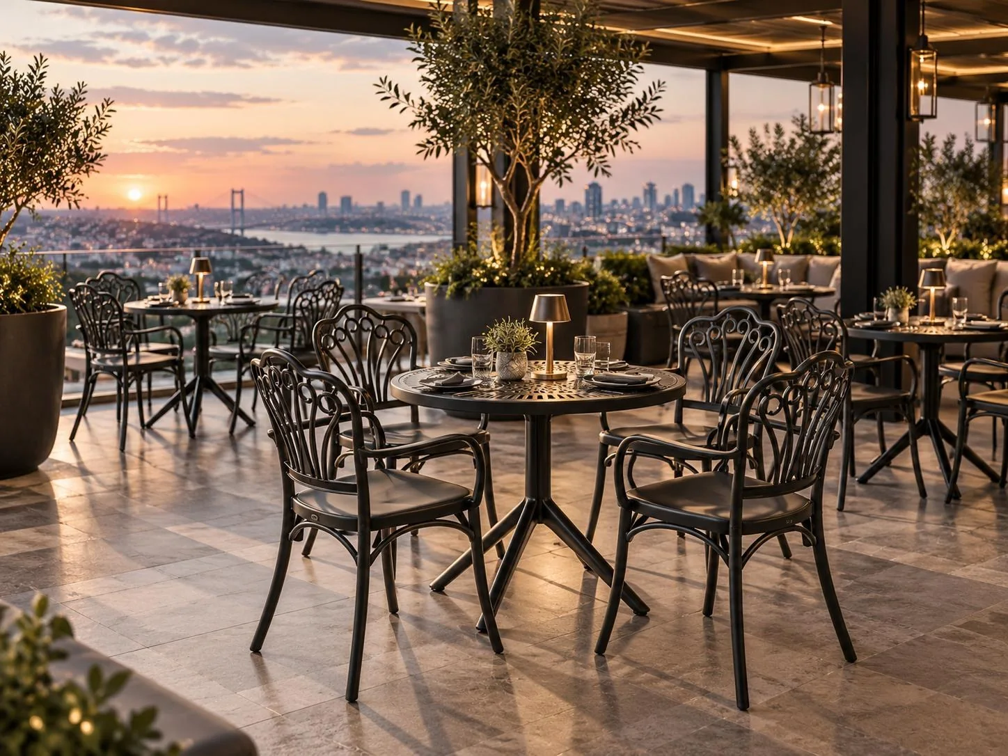 Louvre armchairs with Paris Round table, 4-seater set in black on a restaurant terrace – Trend Concept