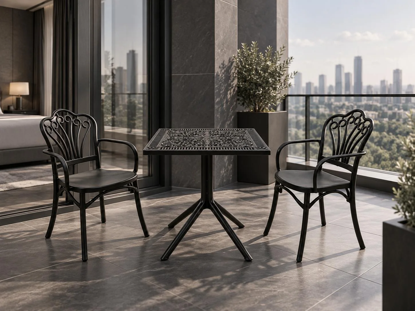 Louvre armchairs with Paris Square table, 2-seater set in black on a restaurant terrace – Trend Concept
