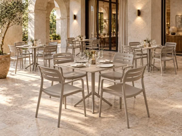 Zeus armchairs with Moduline Wood table, 4-seater set in cappuccino on a restaurant terrace – Trend Concept